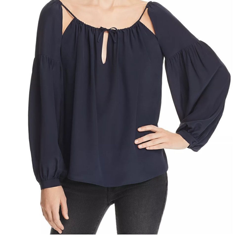 FRAME Top Size Small Dark Navy Blue Balloon Sleeve 100% Silk Peasant MSRP 275